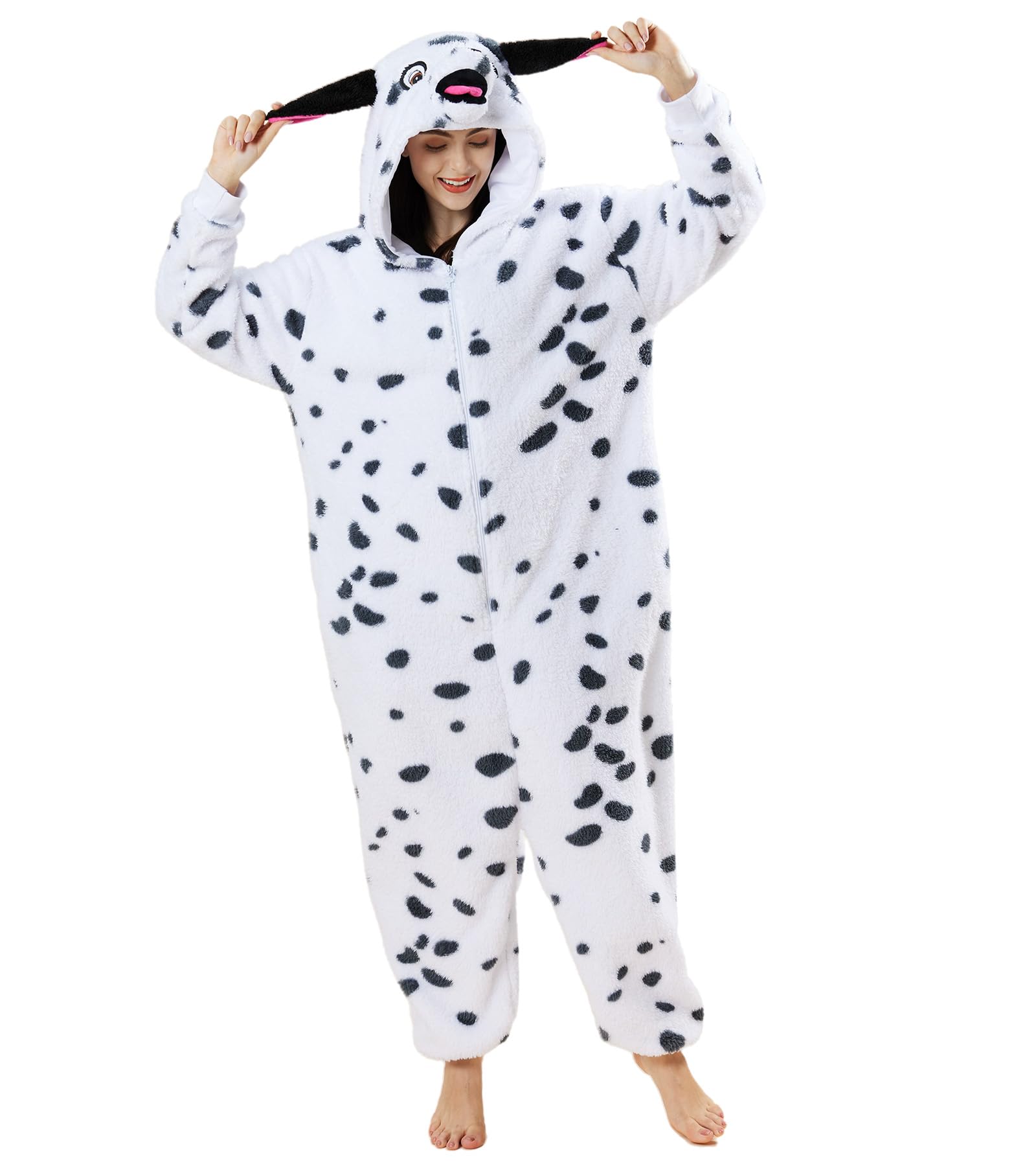 Dodheah Pijama unisex de Dálmata, disfraz de perro manchado, disfraz de Halloween, disfraz de animal para cosplay, overol de una pieza para adultos