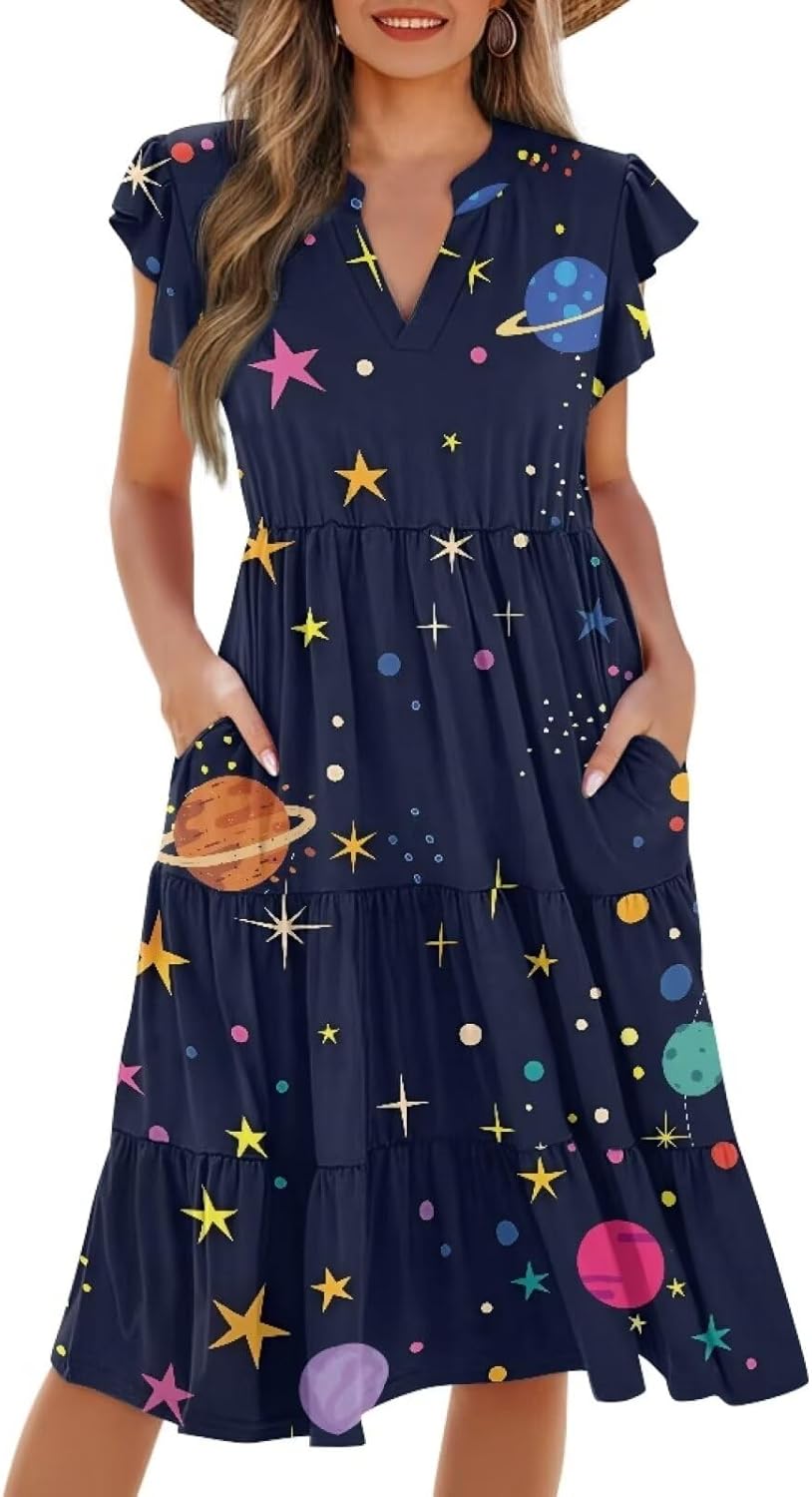 Womens Summer Dress Ruffle Sleeve V Neck Dress Casual Fit Flowy Beach Vacation Sundress with Pocket S-2XL