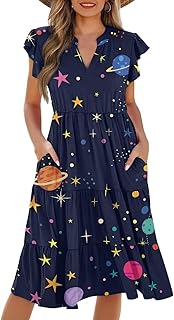 Womens Summer Dress Ruffle Sleeve V Neck Dress Casual Fit Flowy Beach Vacation Sundress with Pocket S-2XL - Buy now