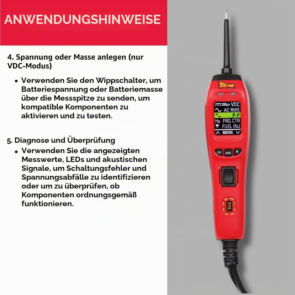 Power Probe 4 PP401AS Stromkreistester mit Farb-LCD-Multimeter | Strom und Masse an der Spitze, 8 Modi, Farb-LCD, Einspritzdüsen- und Treibertest, 7m Kabel, 8A Auto-Reset, 12-24V