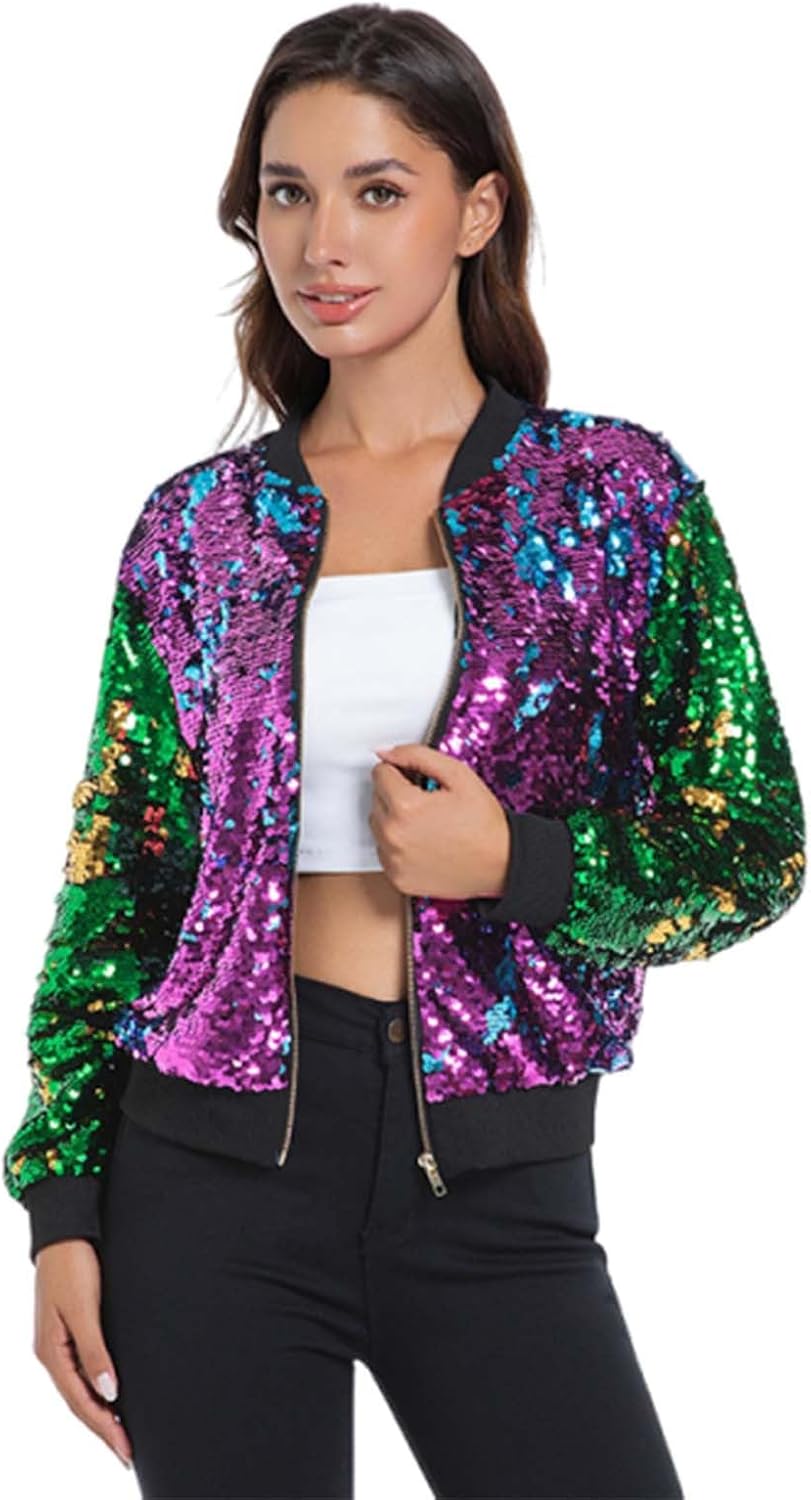 Sequin Bomber Jackets for Women Glitter Bomber Blazers Casual Long Sleeve Full Zip Coats Concert Party Sparkle Outfit
