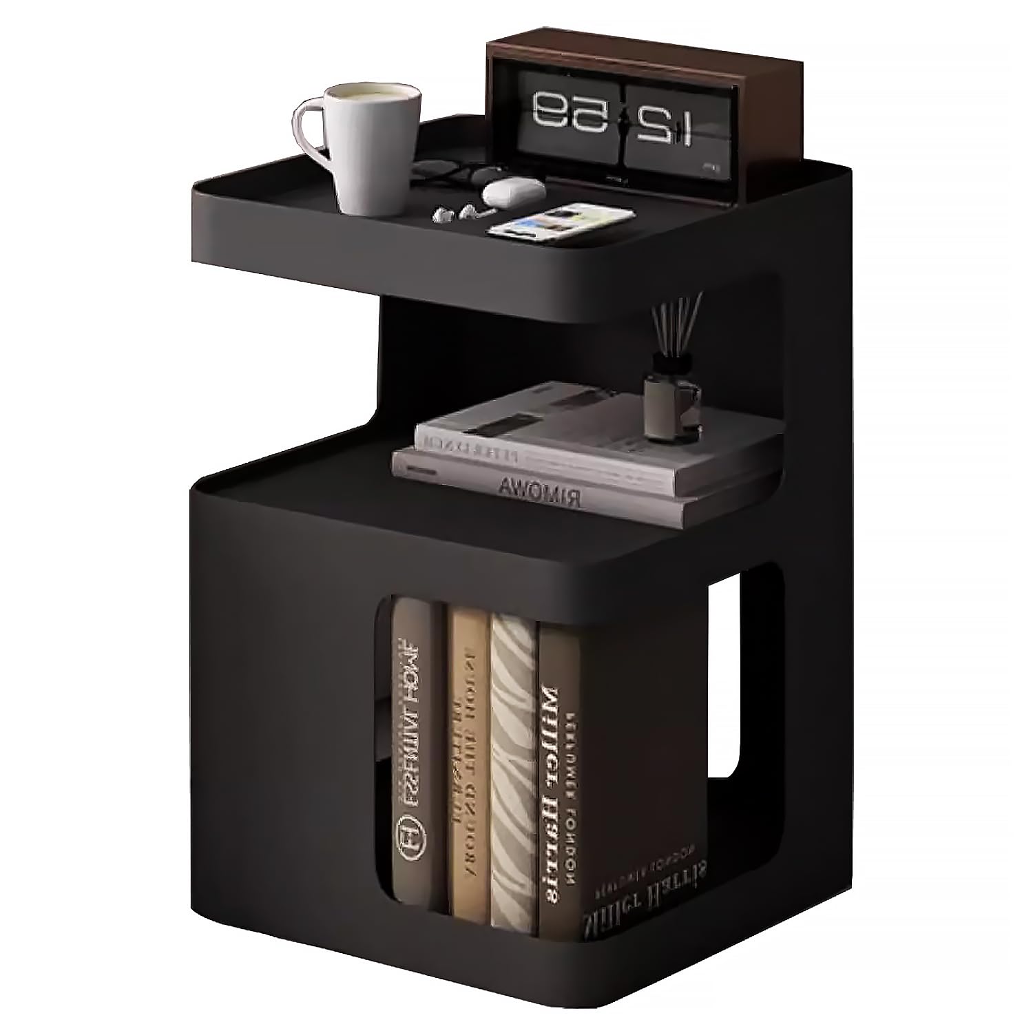 BUZUEY Black Side Table,Modern end Table for Sofa & Couch,3-Tier Metal nightstand,Small Bedside Table with Storage for Bedroom,Living Room,Small