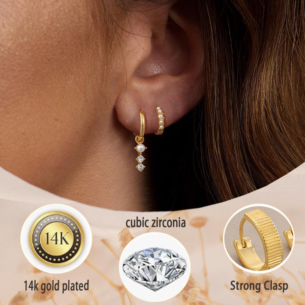 Gold Hoop Earrings for Women,Chunky 14k Gold Plated Trendy Cz Pearl Dangle Huggie Earring Stacks Set Clover Cherry Stud Dainty Twisted Wave Ear Cuff Jewelry Valentines Day Gifts for Her - Image 3