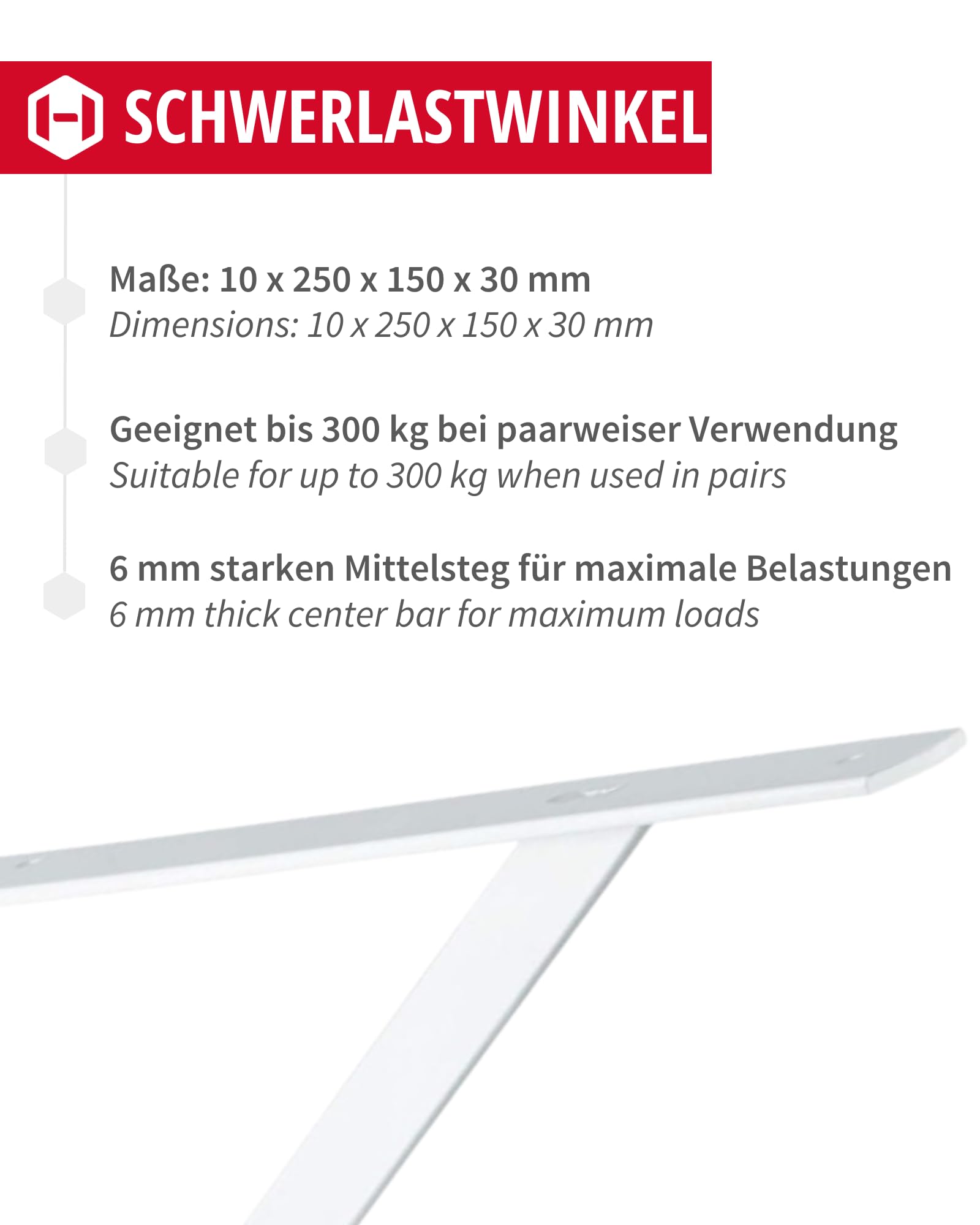 Schwerlastwinkel [ATHENA] 10 Stück Regalwinkel I Tiefe 250 mm I Schwerlastkonsole Weiß I Wandhalterung Regal Tragkraft 300 kg I Winkel Metall massiv | Metallwinkel 90 grad