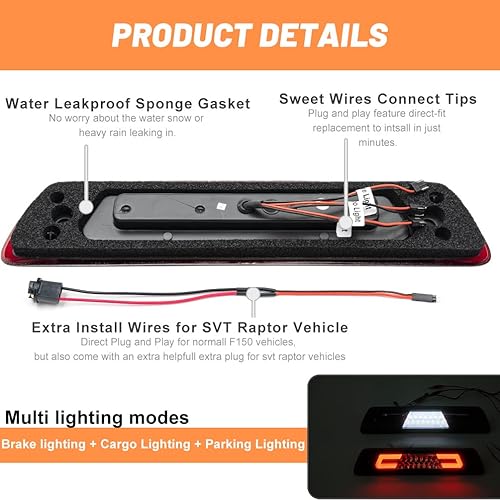 Miniatura 3 de NJSBYL F150 LED 3 luz de freno para Ford F150 SVT Raptor 2009 2010 2011 2012 2013 2014 Ford F150 SVT Raptor lente ahumada Tercera luz de freno de