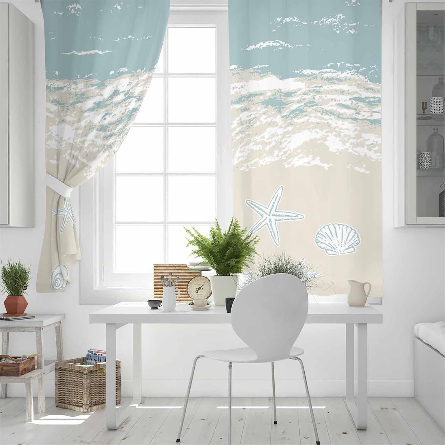 Blue Coastal Starfish Blackout Curtains for Bedroom, Summer Beach Ocean Abstract Art Thermal Insulated Kitchen Drapes with Grommets, Light Blocking Window Treatment - Set of 2 Panels 42" x 45"