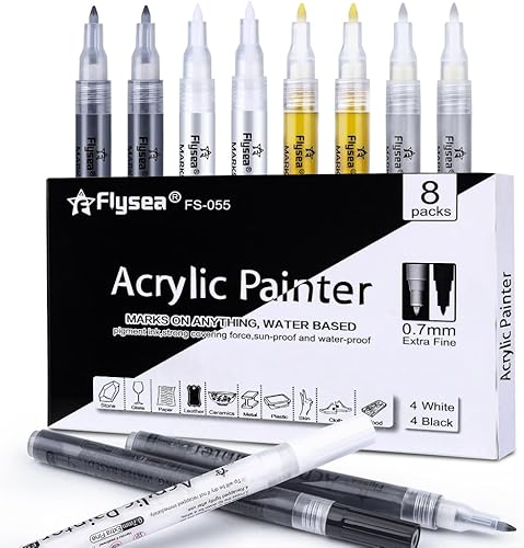 Bolígrafos de pintura acrílica de 0.028 in, color negro, blanco y dorado y plateado, paquete de 8 marcadores de pintura extrafinos para pintura