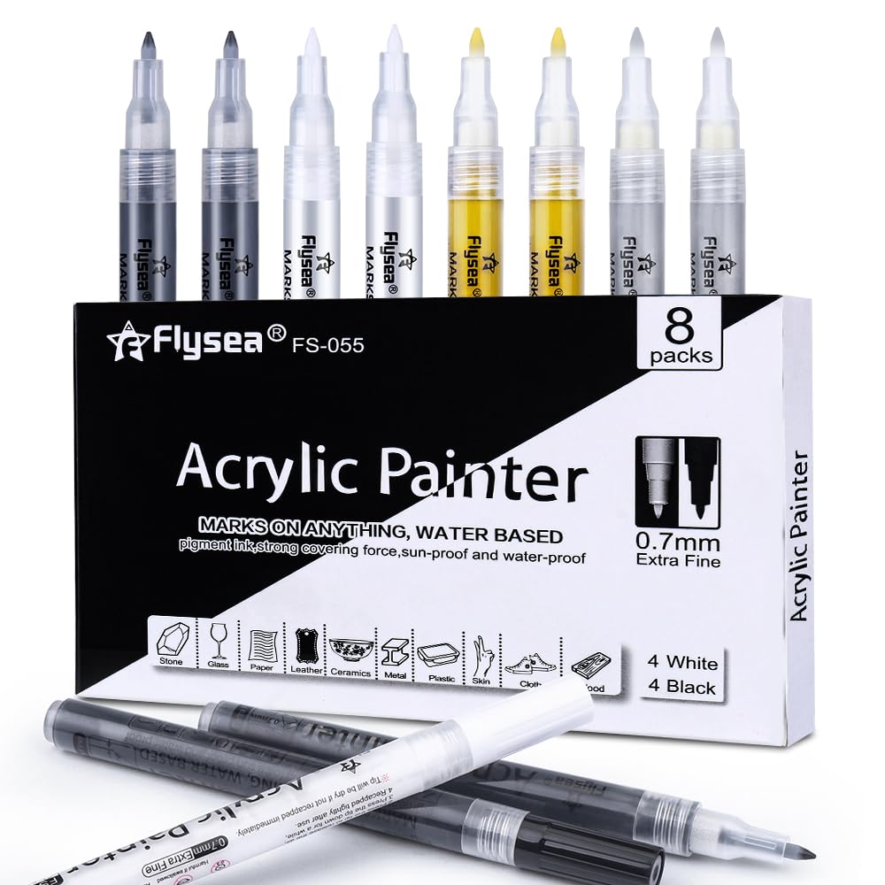 LCDGTJ Rotuladores Acrílicos 0.7mm, 8pcs Negros Blancos Dorados y Plateados, Impermeables para Pintar en Cerámica, Vidrio, Metal, Madera, Lienzo, Papel y Álbum de Fotos - para DIY y Manualidades