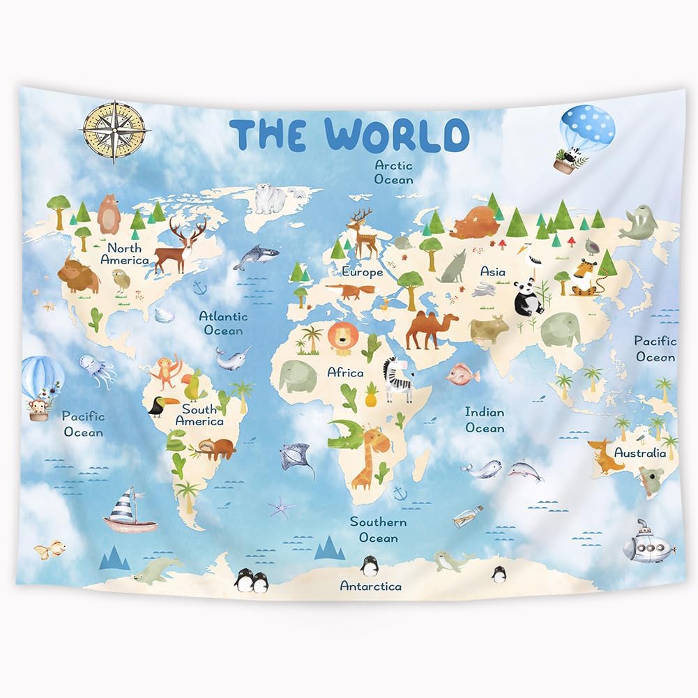 Riyidecor Kids Map Tapestry 59Wx51H Inch Blue World Cartoon Animal Cute Educational Geography Learning Tools Continents Wildlife Wall Hanging for Boys Girls Home Dorm Decor Art Living Room Bedroom