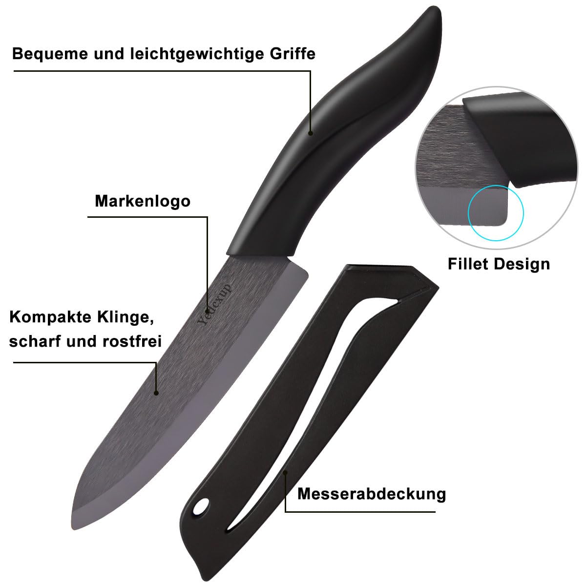Coltello in ceramica da cucina – 4 coltelli in ceramica (6" Chef, 5" Utility, 4" Frutta, 3" sbucciata), taglienti, coperture protettive, non arrugginiscono, nero