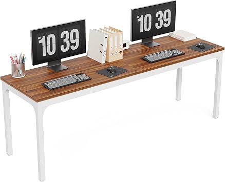 LITTLE TREE 78.7-Inch Ultra Long Double Desk, Writing Gaming Work Computer Two-Person Desk for Home Office, Walnut + White