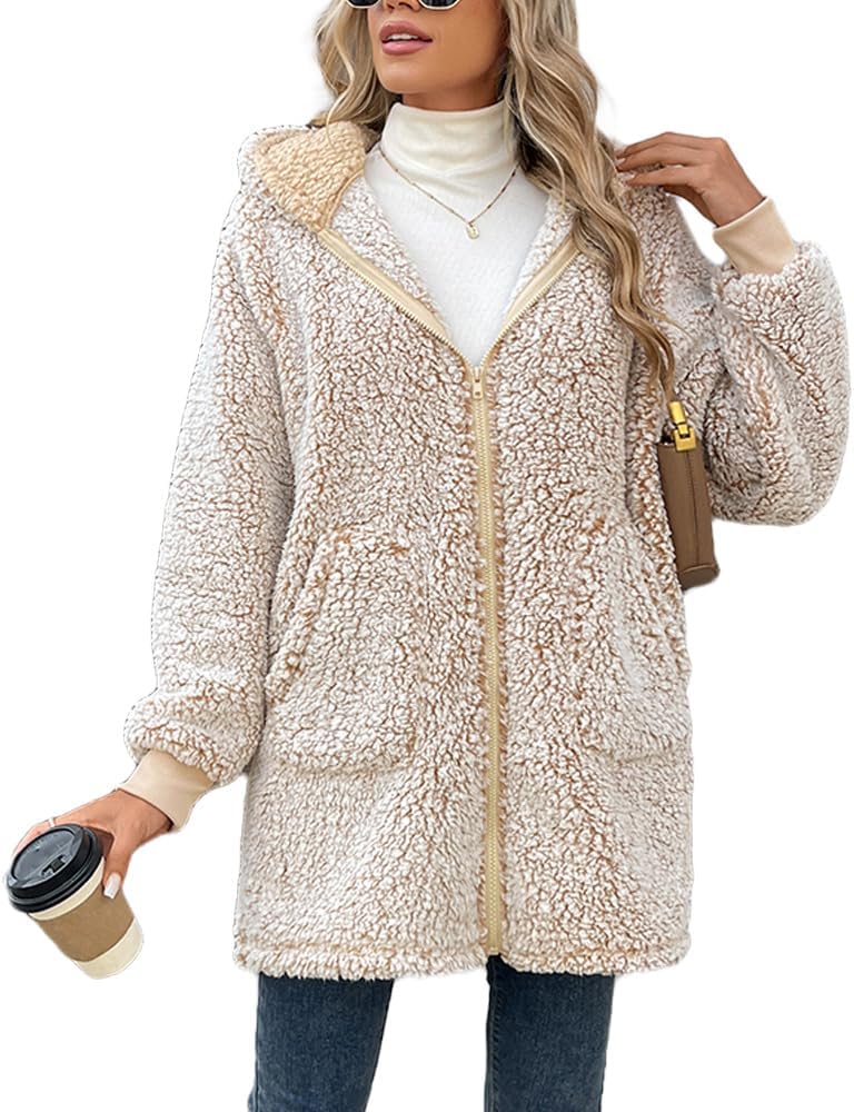 Zip Up Hoodie for Women Trendy Fleece Fall Winter Coats Sherpa Casual Jacket