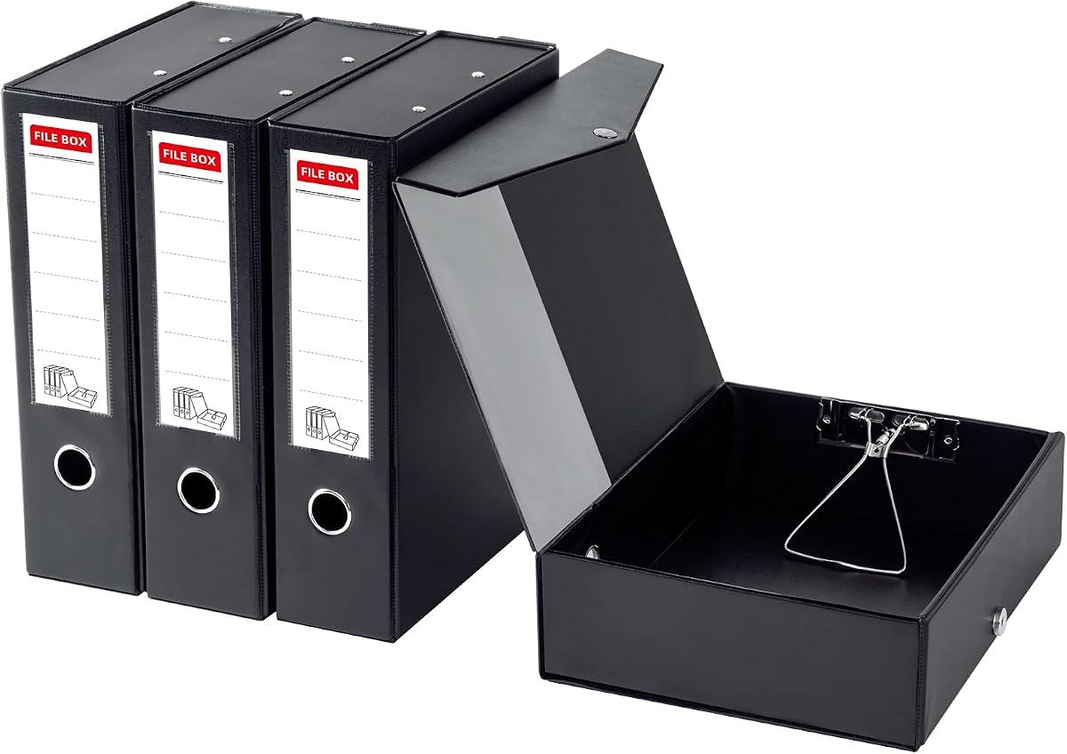 Storage File Boxes 4 Pack, Foldable File Box with Clip, 88mm Spine, Black | Archives Cases with Magnetic Closure, Plastic Document File Organizer Storage