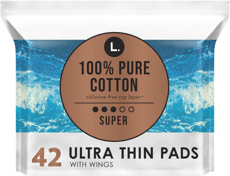 L. Ultra Thin Unscented Pads With Wings, Super Absorbency, 42 Ct, 100% Pure Cotton Chlorine Free Top Layer