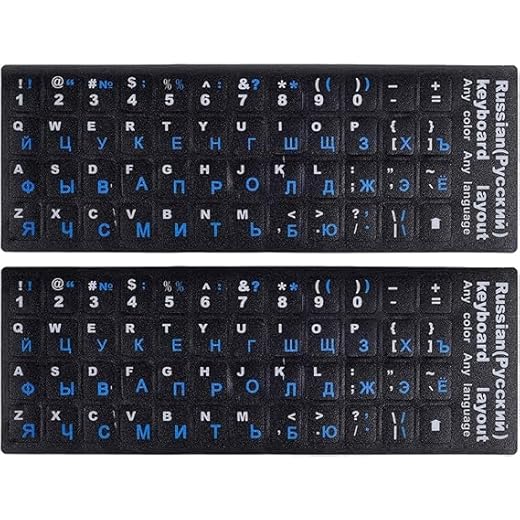2PCS Keyboard Stickers, Cyrillic Keyboard Letters Replacement Sticker Blue Font with Black Background for PC Computer Laptop Notebook Desktop, Russian-English Keyboard Alphabet Stickers (Russian,Blue)