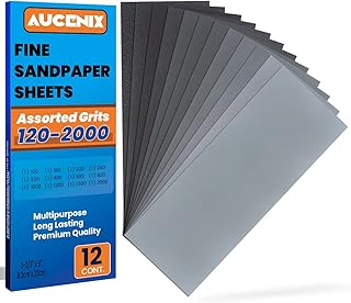 Aucenix 12PCS Sandpaper, 120 to 2000 Mixed Grits Assorted Sanding Paper Pack for Wood, Fine & Coarse Wet & Dry Waterproof Abrasive Paper Sheets for Walls, Metal Plastic, Furniture Finishing, Polishing
