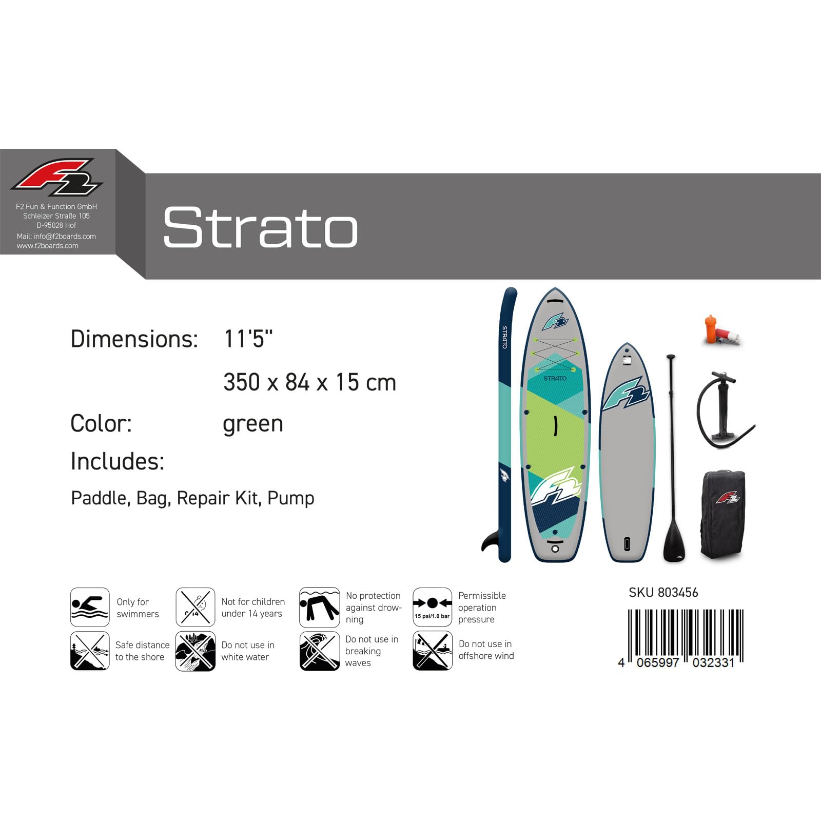 F2 SUP Stand Up Paddle Board Strato 10'0''/10'5"/11'5"/12'5'' wählbar Grün
