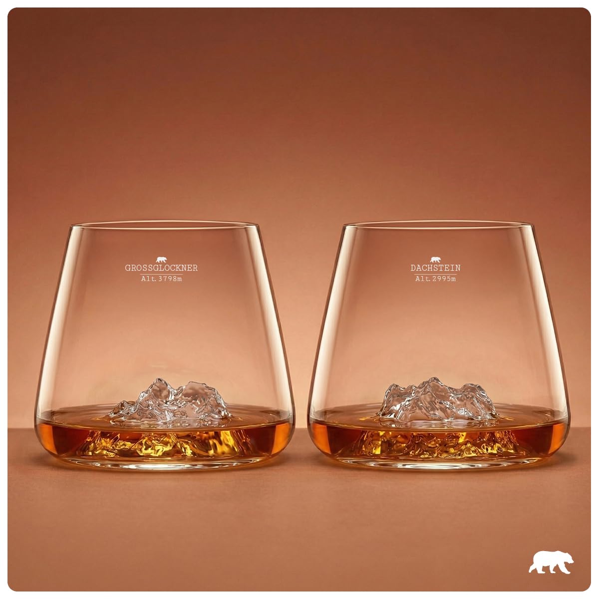 Whiskygläser 350 ml (2 Stück) – hochwertiges Borosilikatglas, handgeblasen mit geprägten Bergen | Tulpenform | TOPOGRAPHISCHE Spirituosen (Österreichische Berge)