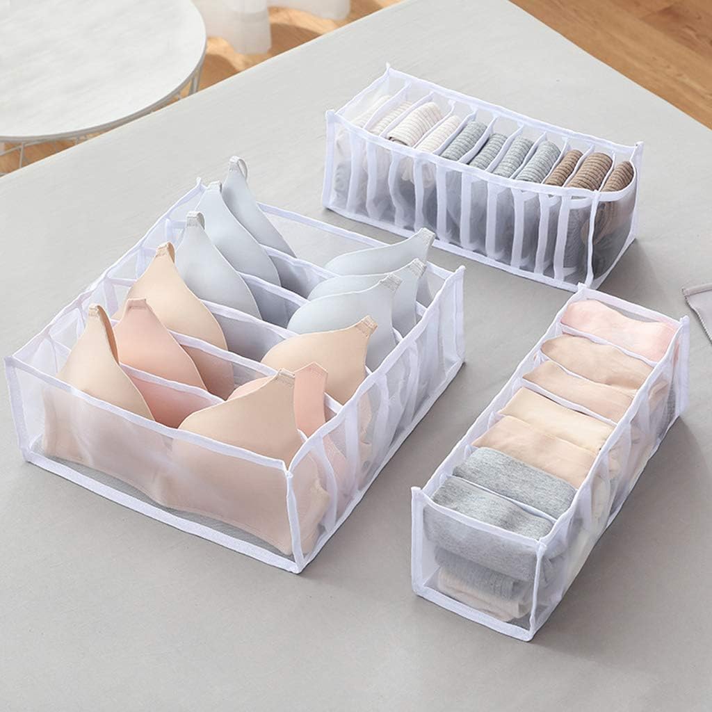 Underwear storage box compartment- Foldable Underwear Storage Box With 6/7/11 Compartments Nylon Divider Box Socks (White, 3 Set)