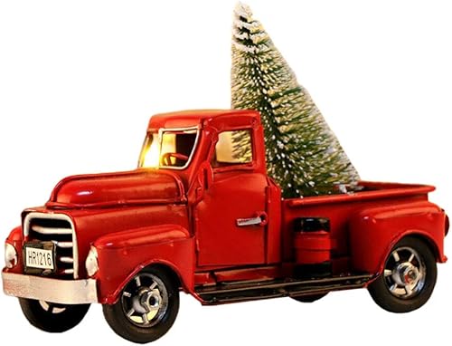 NUOBESTY Figura de coche de metal vintage modelo de camión rojo de Navidad, juguete coleccionable con mini árbol de Navidad para decoración de mesa