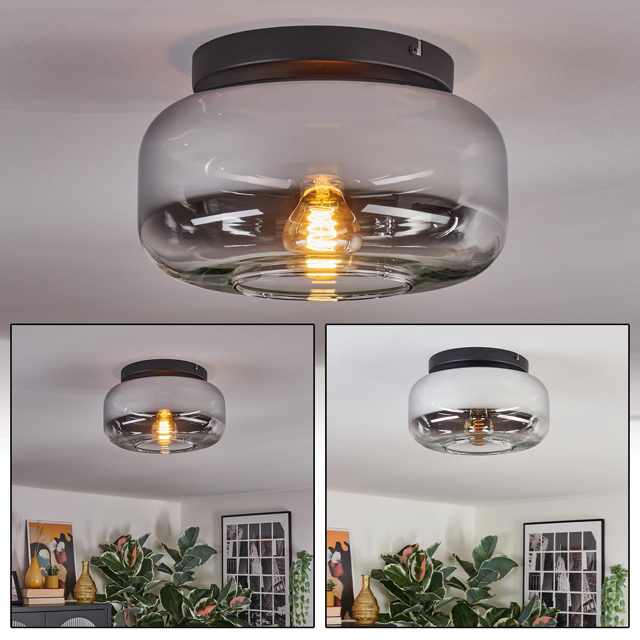 HOFSTEIN Boza Ceiling Light, 1-Bulb Ceiling Light Made of Metal/Glass in Black/Chrome/Smoke/Clear, Retro/Vintage Design (Shade Ø 28 cm), E27, Dining Room, Living Room, Kitchen, Hallway