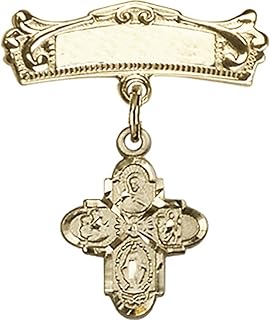 Gold Filled Baby Badge with 4-Way Charm and Arched Polished Badge Pin 1 X 3/4 inches