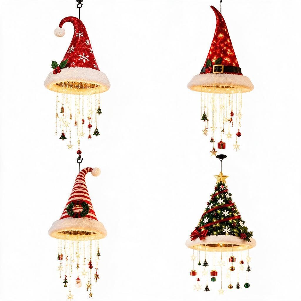 Lighted Santa Hat Hanging Chandelier, Xmas Hanging Lamp (4pcs)