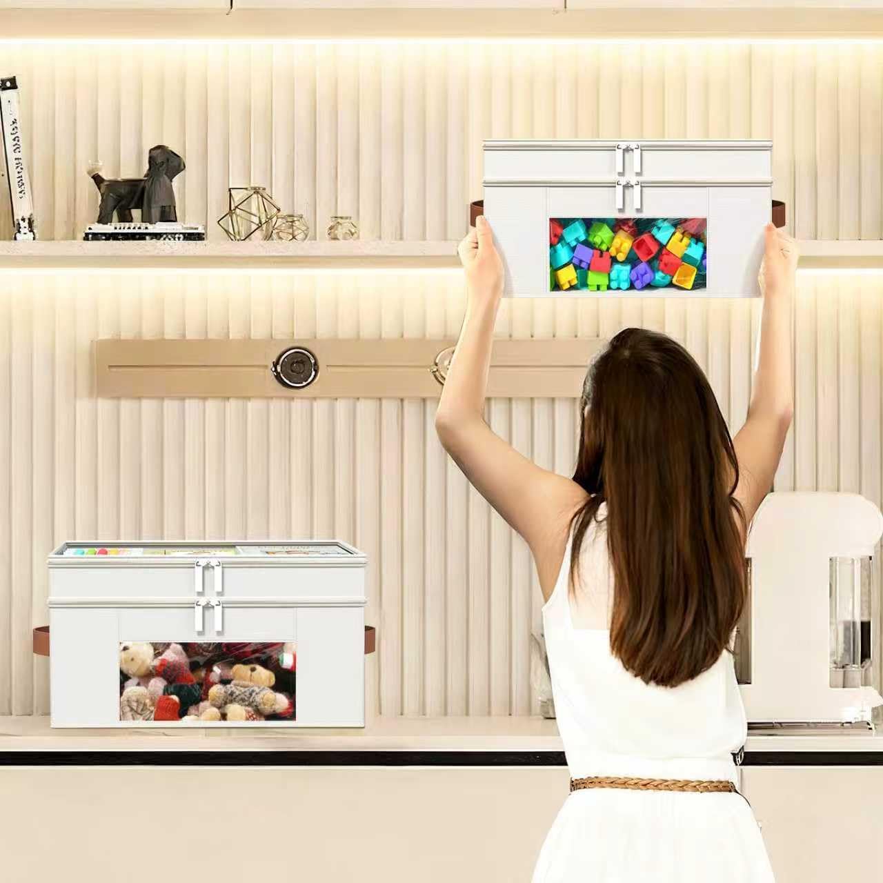 18 QT Craft Organizers and Storage Box with Transparent Cover and Leather Handles, 2-Layer Art Supply Organizer for Crayon, Coloring Books, Modeling Clay, Molds and Sewing, Beige - Image 7