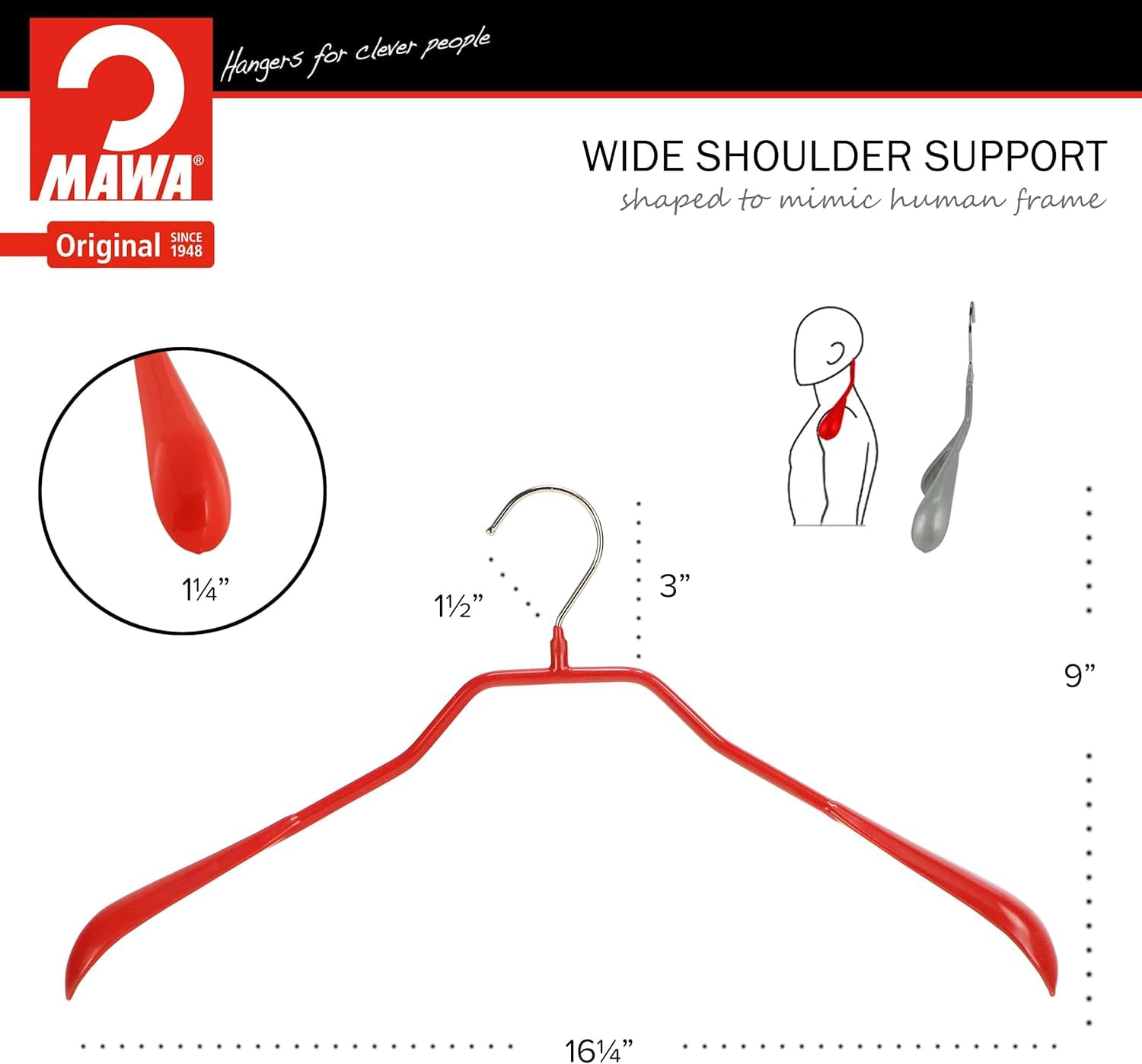 Mawa by Reston Lloyd, Non-Slip Steel Suit/Jacket Coat Hangers for Suits, Wide Supportive Shoulders with Rotating Hook, Red, Set of 50,