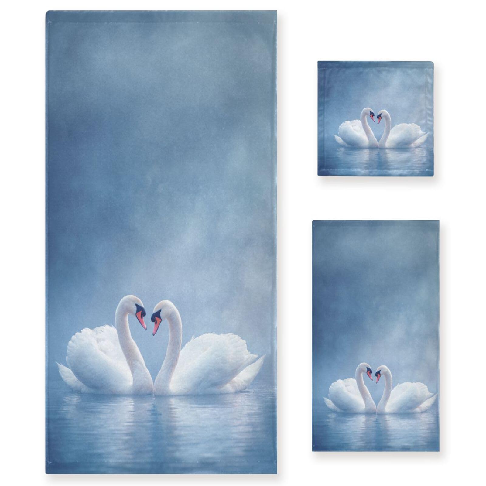 Naanle Beautiful Lake Couple White Swan Soft Luxury Decorative Set of 3 Towels, 1 Bath Towel+1 Hand Towel+1 Washcloth, Multipurpose for Bathroom,