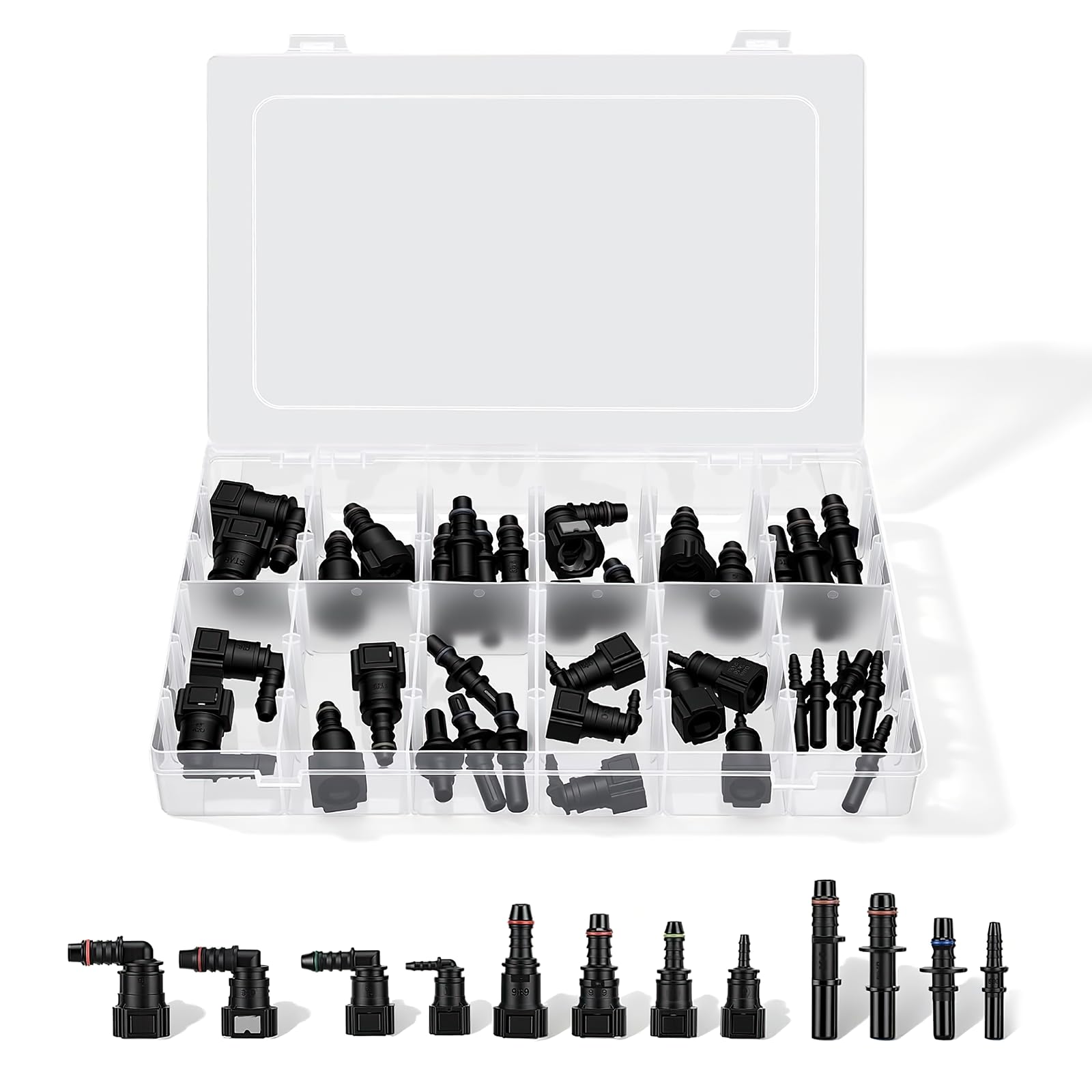 36-Teiliges Kraftstoffleitungsverbinder Set, Schnellkupplungen für Benzinschlauch, Gerade und Winkelanschlüsse, kompatibel mit 9.89mm 9.49mm 7.89mm 6.3mm, für Auto, Motorrad, Boot – ID8mm ID6mm