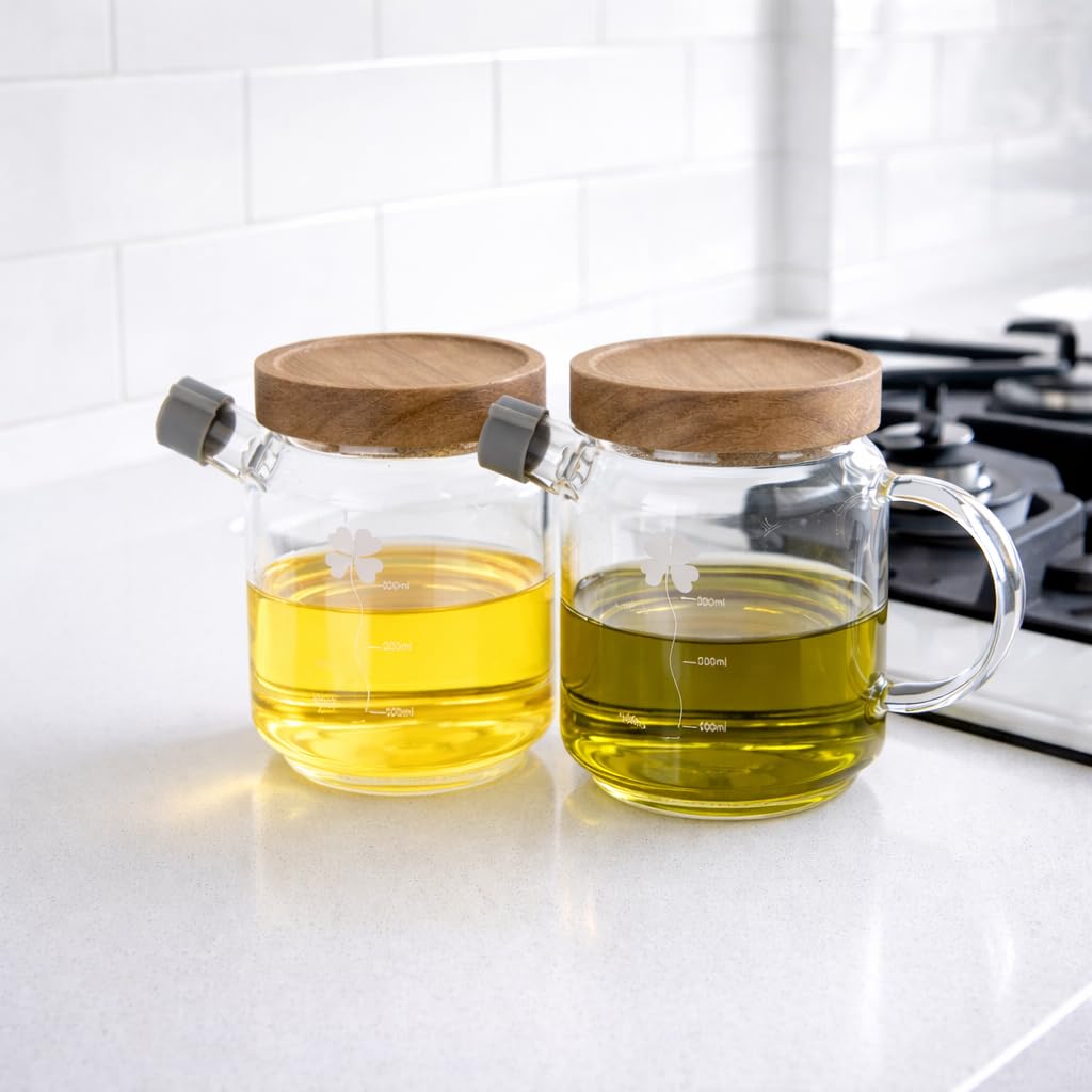 Eden & Willow 350Ml, 2Pcs Glass Olive Oil Bottle, Vinegar Cruet Bottle With Non-Drip Spout – Kitchen Cooking Oil Dispenser Drizzler With Acacia Wooden Lid And Handle (350Ml, 2Pcs)