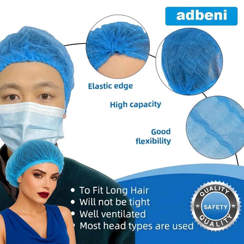 adbeni Bouffant Caps for Women & Men | Premium | Disposable | Thick Non-Woven Hair Cover with Double Elastic | Soft, Breathable & Hygienic Caps for Medical, Kitchen, Salon, Food Handling 2