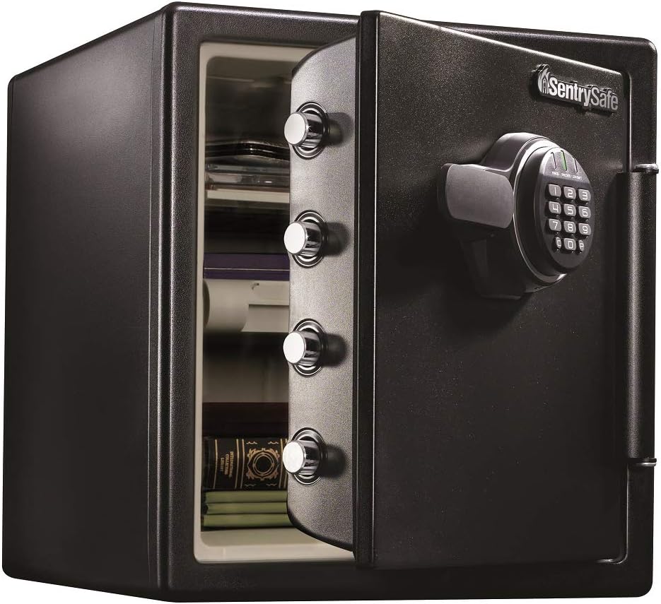SentrySafe Fireproof and Waterproof Black Steel Home Safe with Digital Keypad Lock and Organization Trays for Money, Documents, 1.23 Cubic Feet, SFW123EU