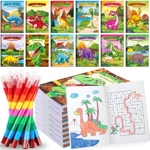 BenLouis 12 Dinosaur Mini Coloring Books with 12 Stacking Crayons for Kids