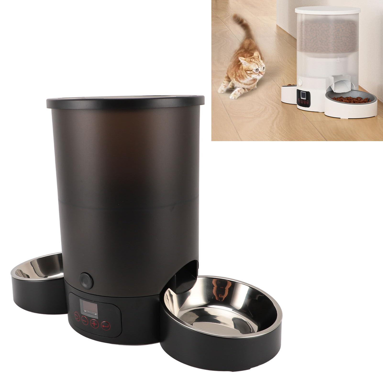 Comedero Automático para Gatos Gran Capacidad Doble Tazón Fácil de Limpiar Dispensador de Alimentos Temporizado para Gatos y Perros Acero Inoxidable 3L (Negro)