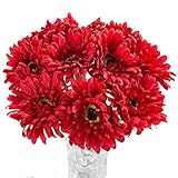 Htmeing 10 pcs Sunbeam Artificial Flower Mum Gerber Daisy Bridal Bouquet Silk Wedding Party Decoration (red)