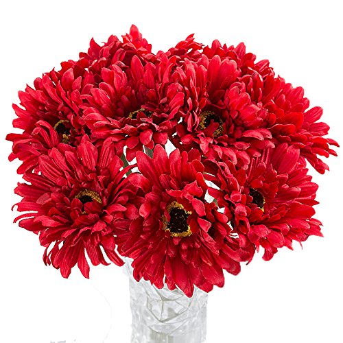 Htmeing 10 pcs Sunbeam Artificial Flower Mum Gerber Daisy Bridal Bouquet Silk Wedding Party Decoration (red)