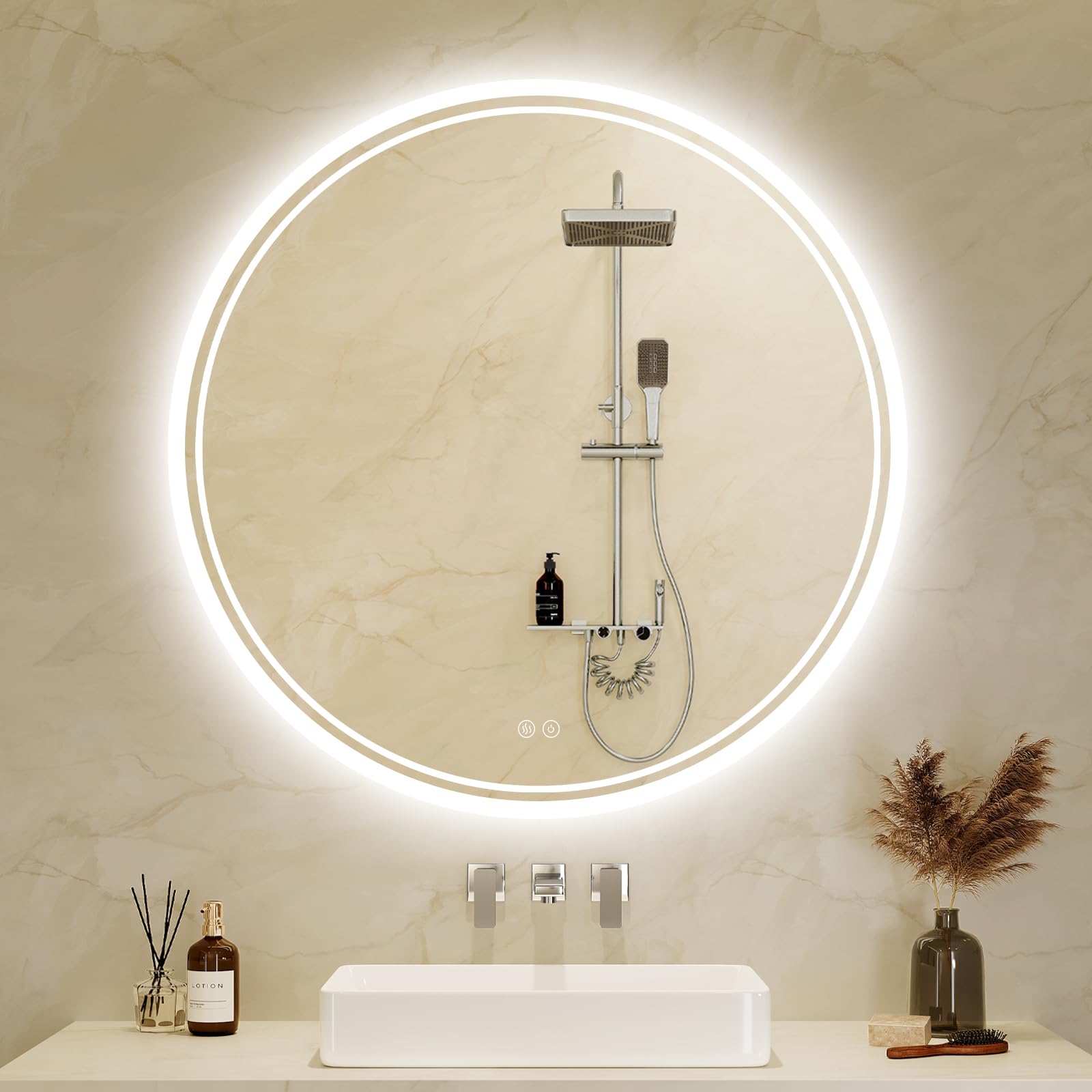 Zurehome Bathroom Mirror with LED Lights 60x60cm: Round LED Bathroom Mirror with Anti-Fog, Touch Sensor, 3 Colors Dimmable, Memory Function Illuminated Bathroom Wall Mirror