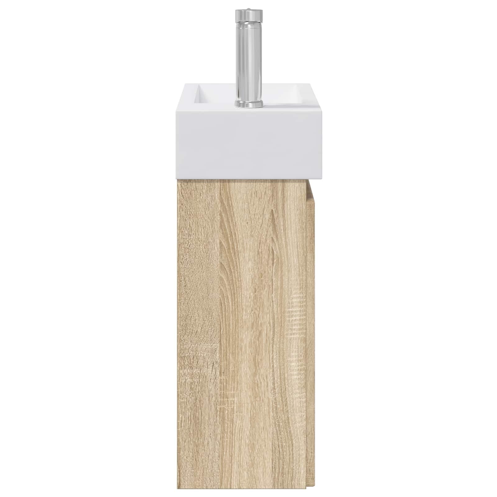 Mobile sottolavabo da bagno in rovere Sonoma con lavabo in ceramica e rubinetto miscelatore, montaggio a parete, porta reversibile, mobile da bagno moderno, mensola, lavandino