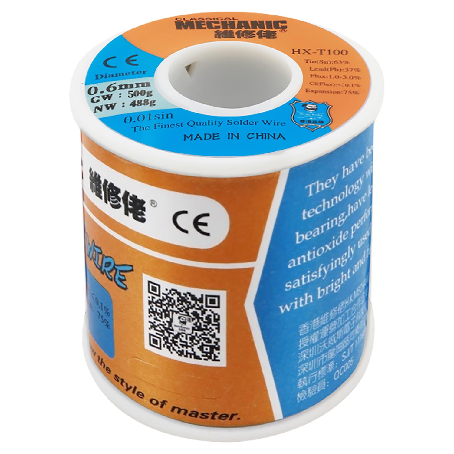 【Mechanic】HX-T100 500g Tin（Sn）63% / Lead （Pb）37% High Purity Rosin Core Solder Wire For Electrical Soldering With 1%-3% Solder Flux(0.6mm/500g)