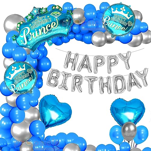 Image of Propsicle Happy Birthday Blue Prince Theme Foil Crown Balloon Bouquet With Silver Happy Birthday Letter Balloon & Blue | Silver Metallic Balloon - Pack of 52