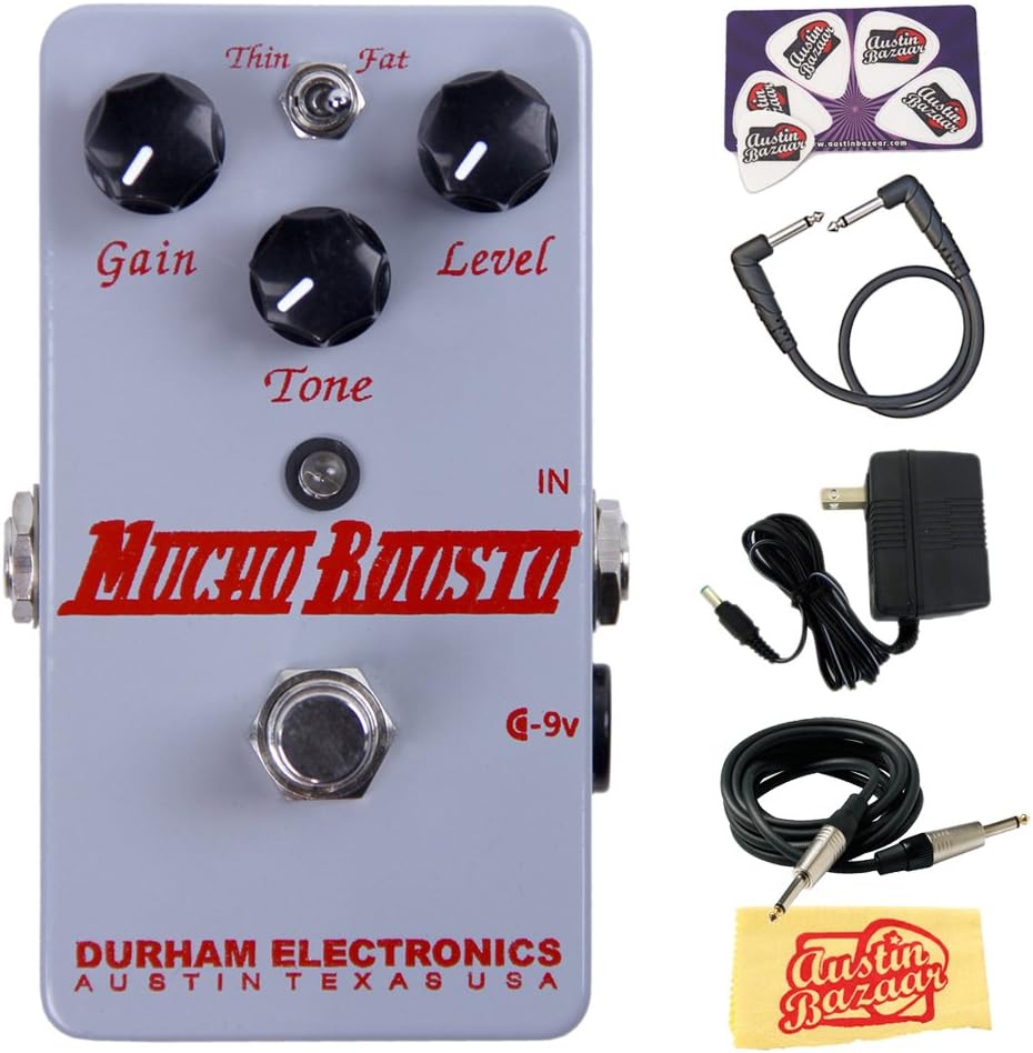 Durham Electronics Mucho Boosto Medium Gain Overdrive Booster Guitar Pedal Bundle with AC Adapter Power Supply, Instrument Cable, Patch Cable, Picks, and Polishing Cloth