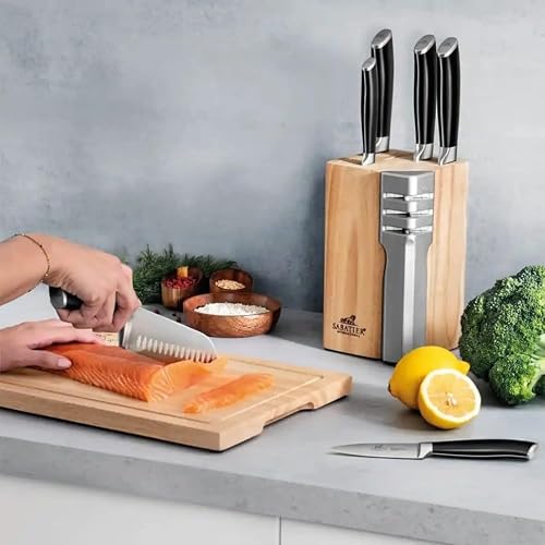 Sabatier Wood Knife Block with Sharpener | Store & Organise up to Six Knives | Wooden Design to Protect Blades | Safe & Secure Kitchen Storage | 11.8 x 11.8 x 21cm - Image 3