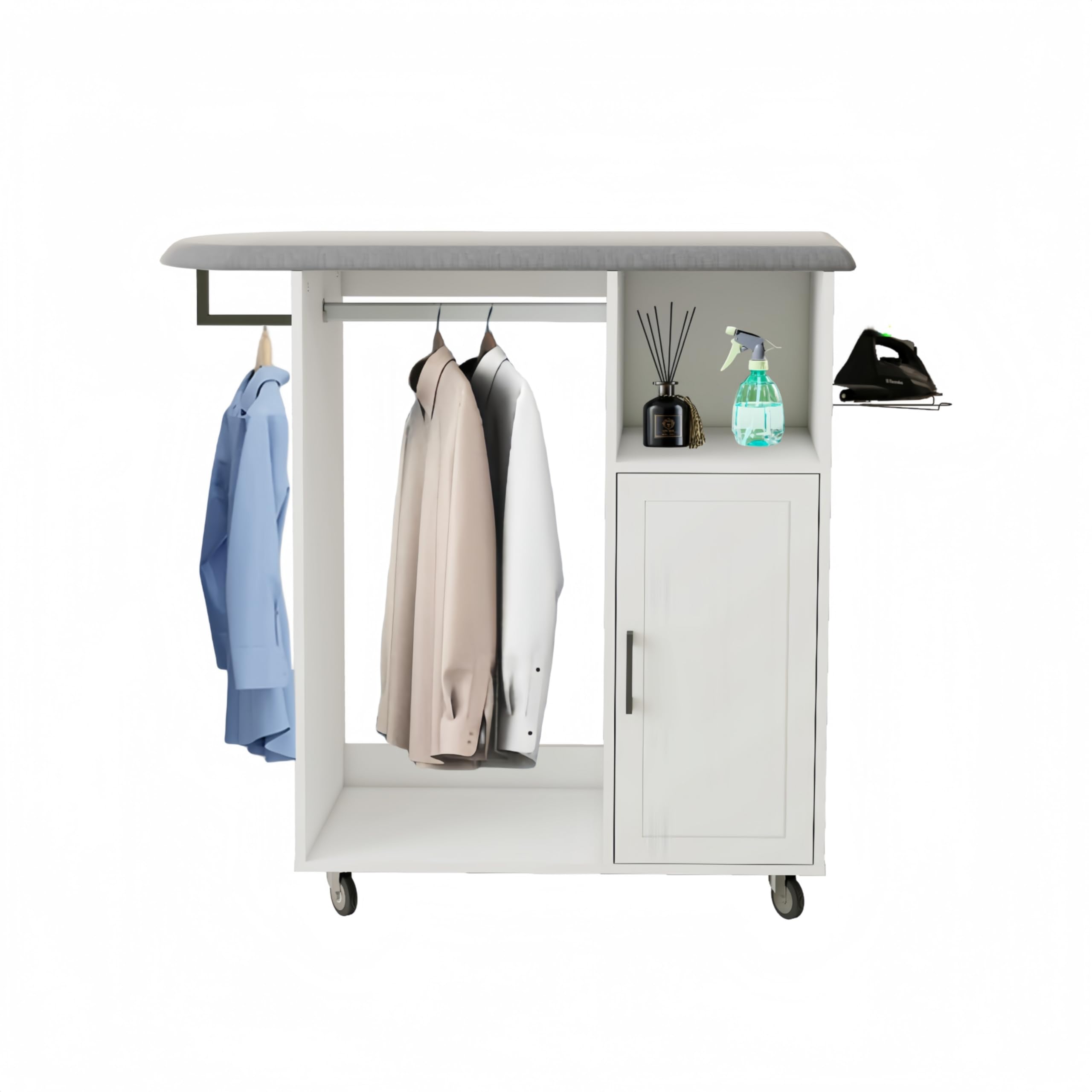 Rolling Ironing Board with Storage Cabinet,Ironing Cabinet with Wheel, Ironing Station with Iron Rack,Tabletop Ironing Board with Storage Shelves, Compact Ironing Table for Laundry Room