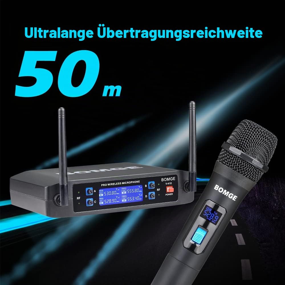 BOMGE Kabelloses Mikrofonsystem, Pro 4-Kanal schnurloses Mikrofon-Set mit vier Handmikrofonen, feste Frequenz, lange Reichweite 61 m, ideal für Kirche, Karaoke, Veranstaltungen