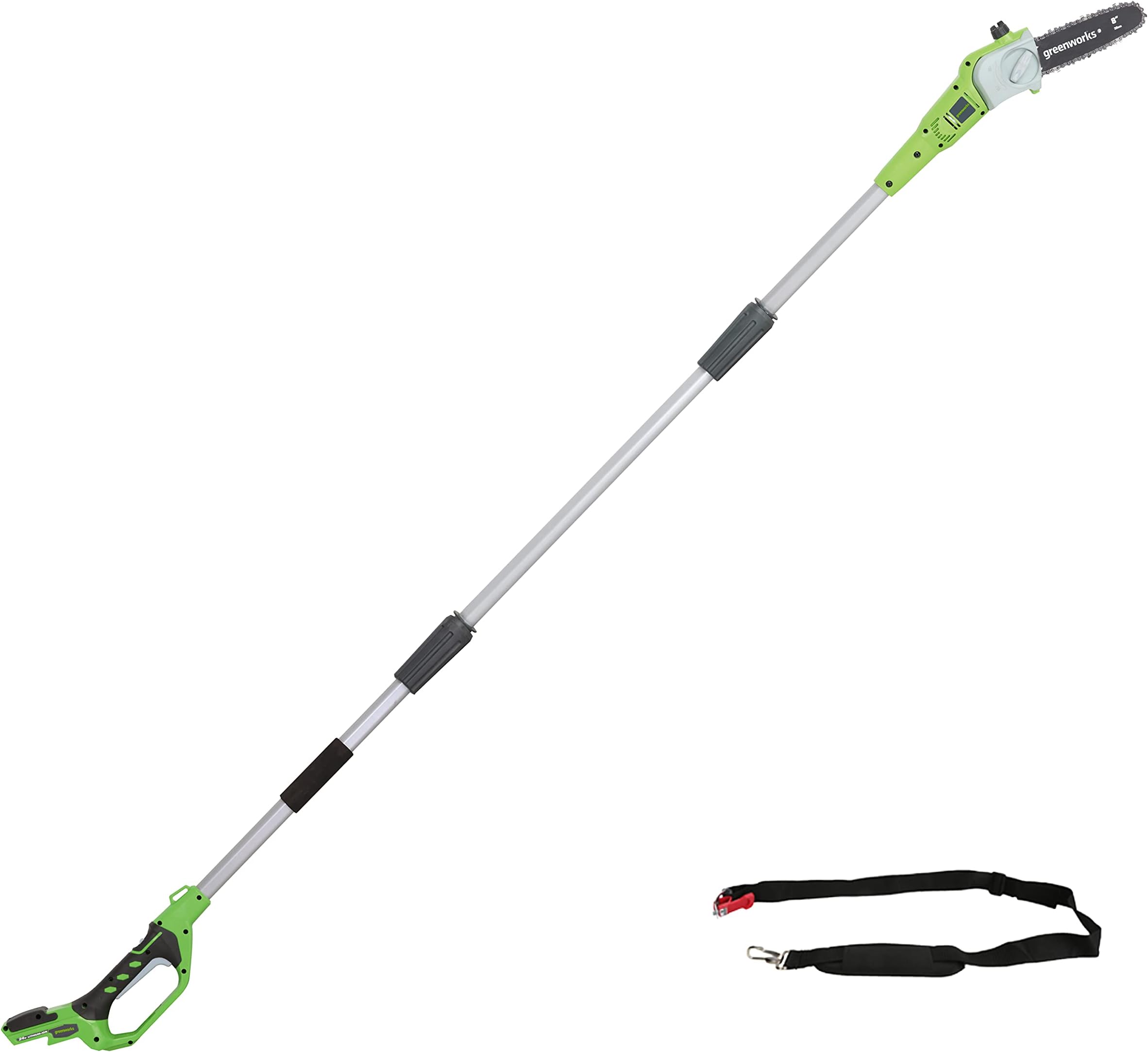 Greenworks G24PS20 Cordless long reach Pole Saw (Great for Pruning and Trimming Branches), 8 Inch (20cm) Bar Length, 6.7m/s Chain Speed, light weight, 2.6m Pole Reach WITHOUT 24V Battery & Charger