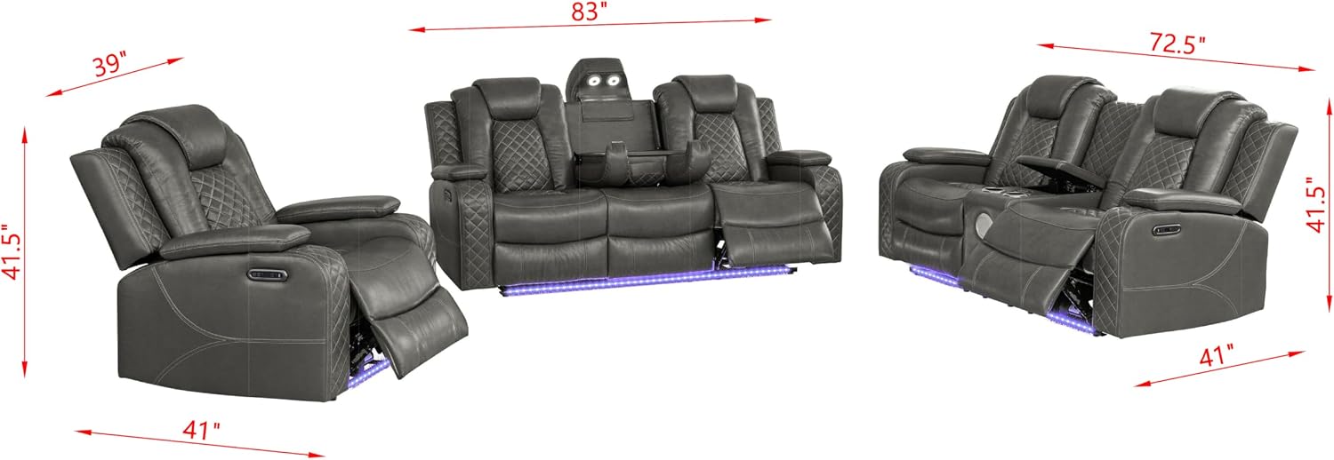 Ball & Cast Power Recliner Sofa Set Leather Reclining Couch Home Theater Seating 3PCS Recliner Couch Loveseat & Chair Sets with Wireless Charing,Cup Holders,Storage Box for Home Theater,Living Room