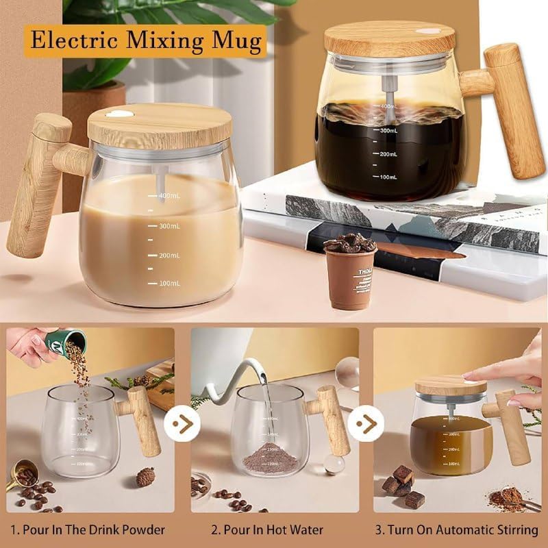 Image of Self Stirring Coffee Mug with Lid Battery Operated-Electric Coffee Maker Mug for Office, Automatic Stirrer and Frother, Glass Electric Mixing Cup,Coffee Blender Mug