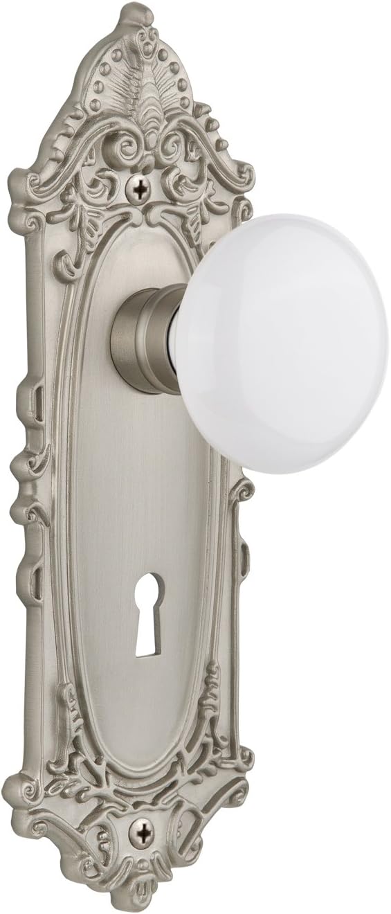Nostalgic Warehouse Victorian Plate with Keyhole White Porcelain Knob, Passage - 2.375", Antique Pewter